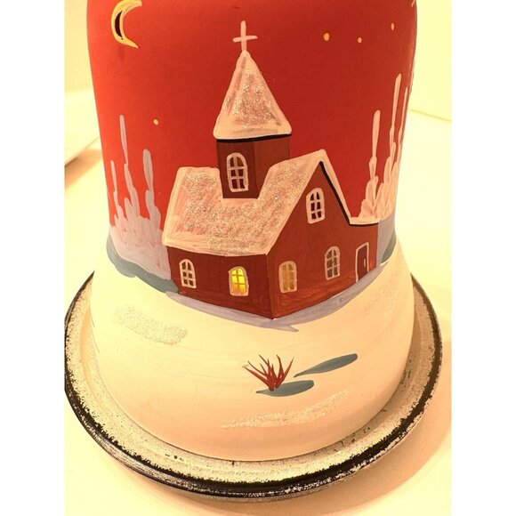 Christmas Fairy Light Tea Light Handpainted Glass Village Holder Bell Shaped 6” - Picture 5 of 11